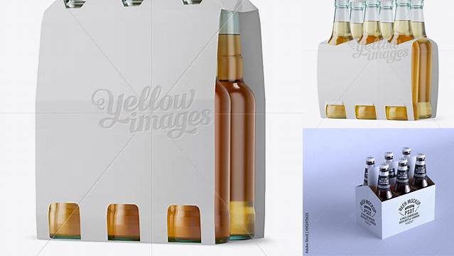 8315+ White Paper 6 Pack Beer Bottle Carrier PSD Mockup 3/4 View High-Angle Shot Free Mockup PSD Template