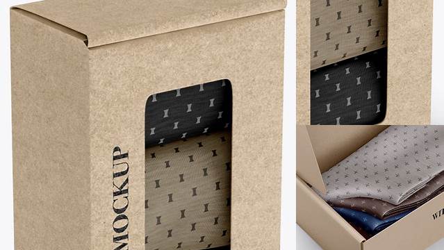 833+ Kraft Paper Box With Socks PSD Mockup Half Side View High-Angle Shot Fully Customizable Mockup PSD Free