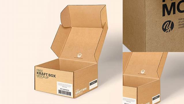 833+ Opened Kraft Box PSD Mockup Half Side View High-Angle Shot Layered Photoshop Template