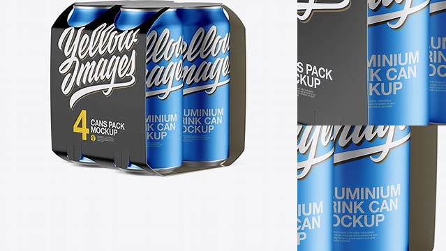 8376+ Carton Carrier with 4 Matte Metallic Cans PSD Mockup Half Side View High-Angle Shot Unique High-Resolution Photoshop Mockup