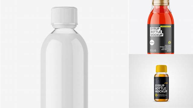 8406+ Clear Glass Bottle With Orange Syrup PSD Mockup High-End Photoshop Mockup