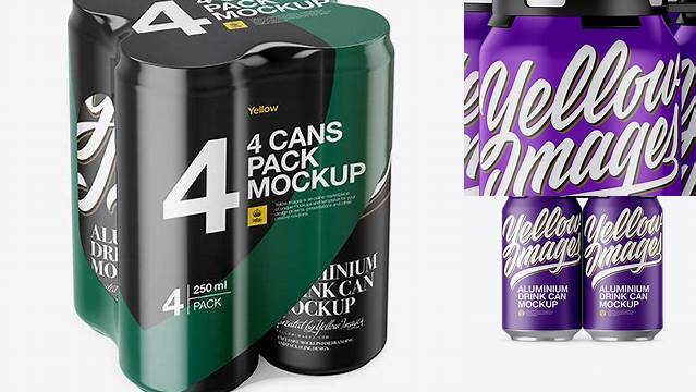 8407+ Pack with 4 Matte Cans with Plastic Holder PSD Mockup Half-Side View High-Quality Editable PSD