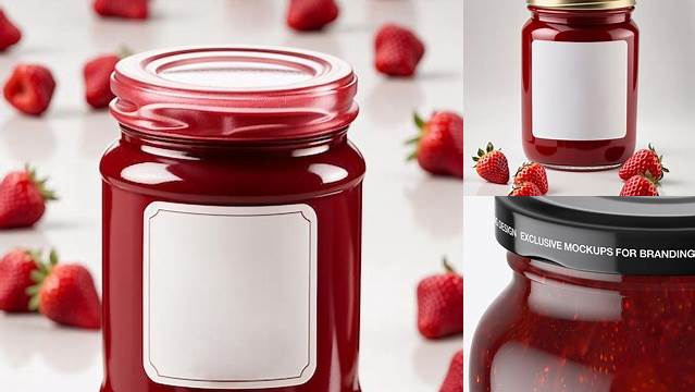 8416+ Clear Glass Jar with Strawberry Jam PSD Mockup High-Angle Shot Best for Showcase