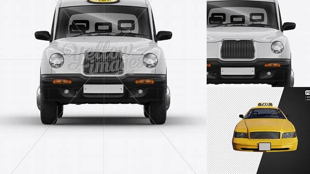 8442+ London Cab Front View PSD Mockup Smart Object Free Photoshop File