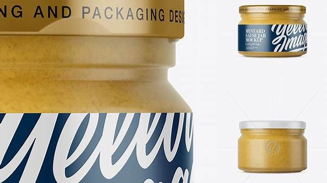 8476+ 250ml Clear Glass Jar with Mustard PSD Mockup Front View Layered Photoshop Template