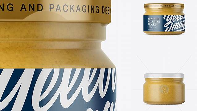 8476+ 250ml Clear Glass Jar with Mustard PSD Mockup Front View Layered Photoshop Template