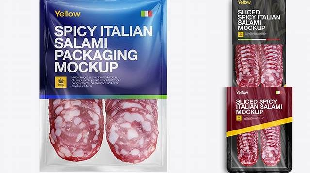 8520+ Plastic Vacuum Bag with Spicy Italian Salami PSD Mockup Elegant PSD Mockup