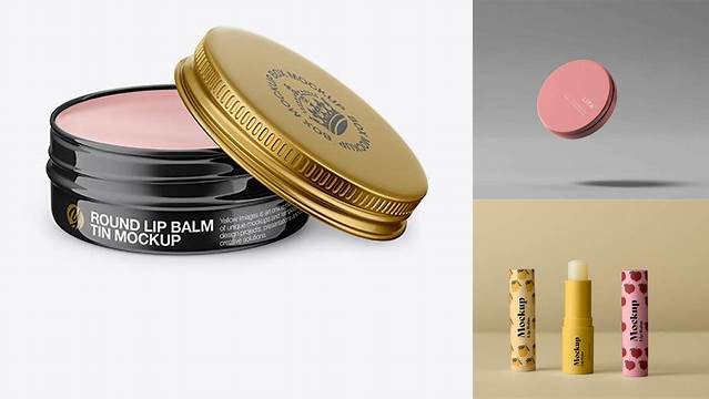 8523+ Glossy Lip Balm Tin PSD Mockup Front View High-Angle Shot High-Resolution Editable PSD