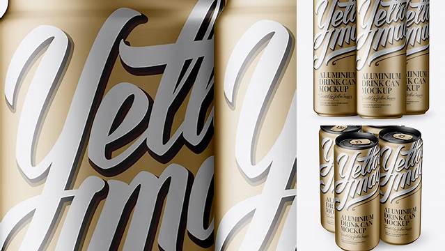 8532+ 4 Matte Metallic Aluminium Cans PSD Mockup Half Side View High Angle Shot Download Free Premium Design PSD