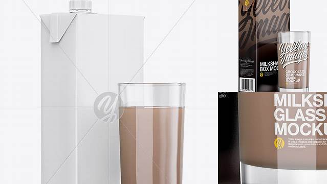 8536+ 1L Carton Pack With Chocolate Milkshake Glass PSD Mockup Halfside View Easy-to-Edit PSD