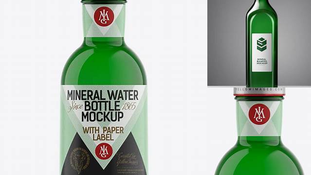 8558+ Green Glass Mineral Water Bottle with Paper Label PSD Mockup High-Quality Editable PSD