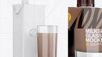 8575+ 1L Carton Pack With Chocolate Milkshake Glass PSD Mockup Halfside View Photoshop PSD Free for Designers