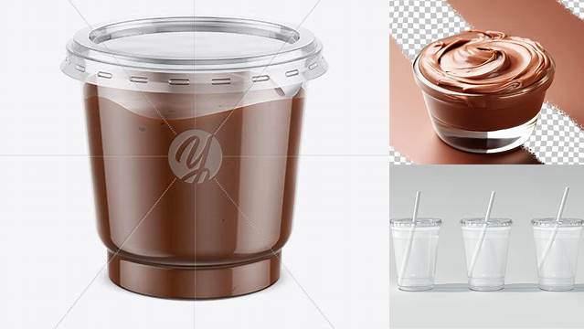 8575+ Clear Plastic Cup with Chocolate Spread PSD Mockup High-Angle Shot Editable Graphic Design Files