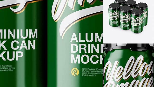 8578+ Pack with 6 Glossy Aluminium Cans with Plastic Holder PSD Mockup Premium Free Graphic Resource