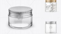 8579+ Clear Glass Cosmetic Jar with Metallic Cap PSD Mockup Front View high Angle Shot High-Resolution Editable PSD