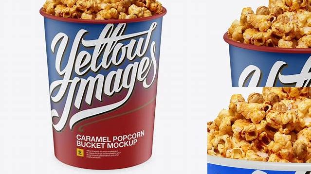 8582+ Matte Bucket with Caramel Popcorn PSD Mockup High-Angle Shot Free Downloadable PSD