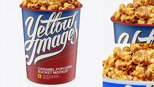 8582+ Matte Bucket with Caramel Popcorn PSD Mockup High-Angle Shot Free Downloadable PSD