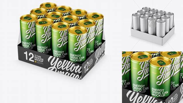 8590+ Transparent Pack with 12 Aluminium Cans PSD Mockup Half Side View High-Angle Shot Exclusive Digital PSD Resource