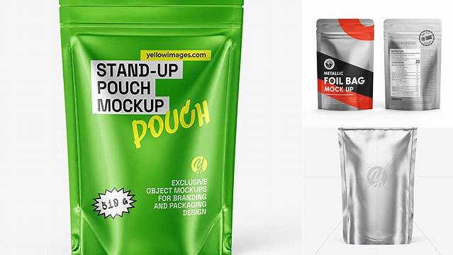 860+ Metallic Stand Up Pouch with Zipper PSD Mockup Half Side View Advanced Photoshop Design Free