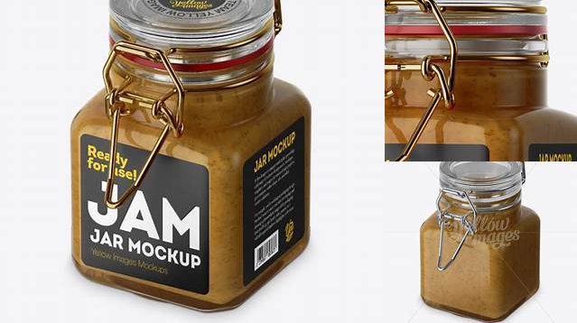 8608+ 100ml Glass Mustard Jar with Clamp Lid PSD Mockup Half Side View High-Angle Shot High-Quality Digital Mockup Resource