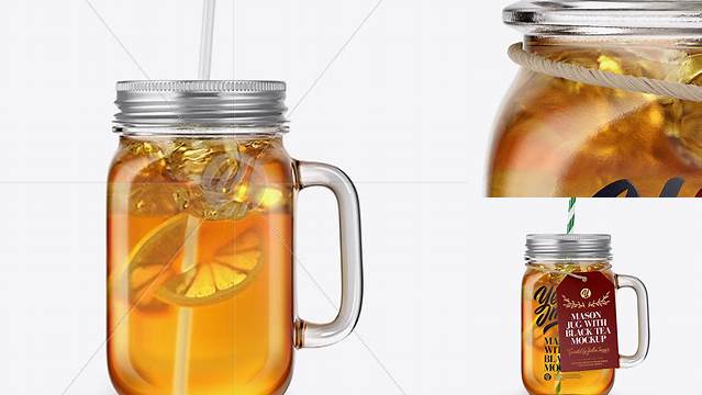 8612+ Closed Mason Jug with Straw and Label PSD Mockup Black Tea Premium Design Freebie