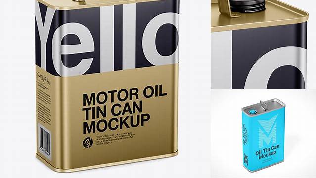 8617+ Metallic Motor Oil Tin Can PSD Mockup Half Side View High-Angle Shot Downloadable PSD Design Template