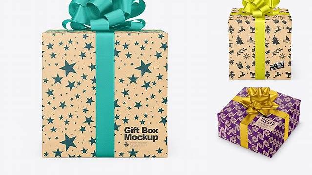 8617+ Textured Paper Gift Box with Matte Metallic Bow PSD Mockup High-Resolution PSD Download