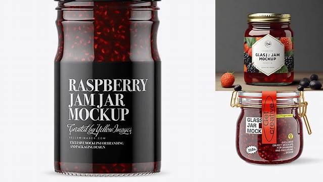 8657+ Clear Glass Raspberry Jam Jar PSD Mockup Professional Design PSD