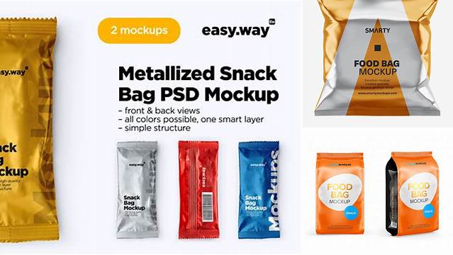 8669+ Metallic Snack Bag PSD Mockup Front View Elegant and Versatile PSD Resource