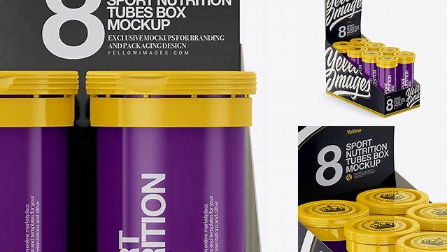 8678+ 8 Glossy Sport Nutrition Tubes Display Box PSD Mockup Half Side View Creative Free PSD Graphic Design