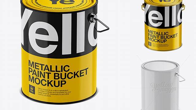 8681+ 5L Glossy Metallic Paint Bucket PSD Mockup Front View High-Angle Shot Fully Editable PSD Template