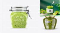 8687+ Clear Glass Jar with Kiwi Jam PSD Mockup High-Angle Shot Unique and Creative Free PSD File