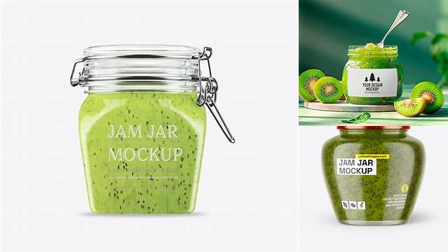 8687+ Clear Glass Jar with Kiwi Jam PSD Mockup High-Angle Shot Unique and Creative Free PSD File