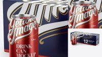 8691+ Closed Box with 12 Aluminium Cans with a Can Standing Alone PSD Mockup Half Side View Elegant Free Graphic Resource