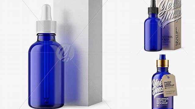 8693+ 50ml Blue Glass Dropper Bottle with Kraft Box PSD Mockup Free Graphic Design Resource