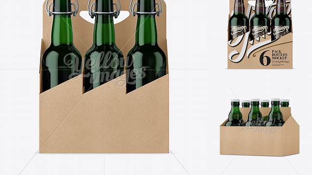 8715+ Kraft Paper 6 Pack Green Bottle Carrier PSD Mockup Front View Exclusive PSD Design Freebie