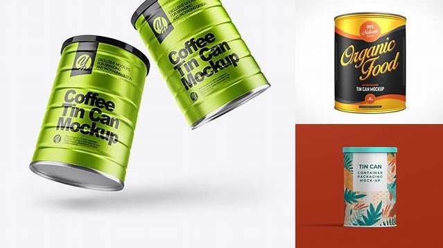 8716+ Two Metallic Coffee Tin Cans PSD Mockup Smart Object-Based PSD Template Free