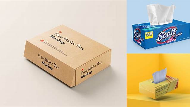 8726+ Mailer Box Tissue Paper Mockup Set Free Editable PSD File