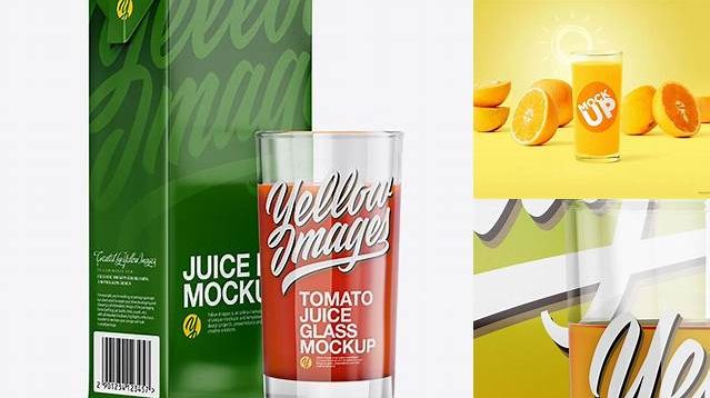 8735+ 1L Carton Pack With Apple Juice Glass PSD Mockup Halfside View Free Editable Photoshop Template