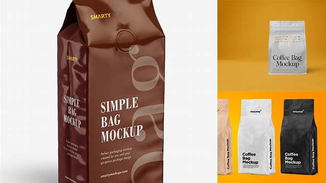 8757+ Glossy Coffee Bag PSD Mockup Front View Smart Object PSD Template