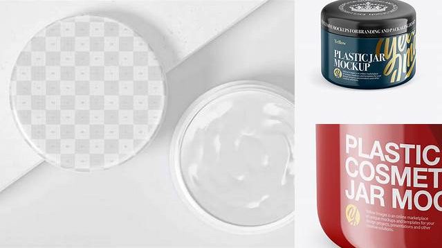 8768+ Glossy Plastic Cosmetic Jar PSD Mockup Front View High Angle Shot High-Resolution PSD Download