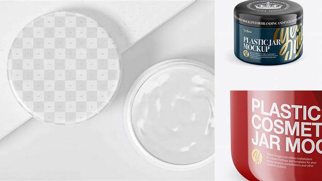 8768+ Glossy Plastic Cosmetic Jar PSD Mockup Front View High Angle Shot High-Resolution PSD Download