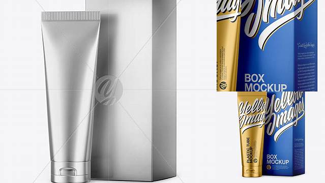 8779+ Metallic Plastic Tube With Metallic Box PSD Mockup Halfside View Custom Mockup Graphic Design