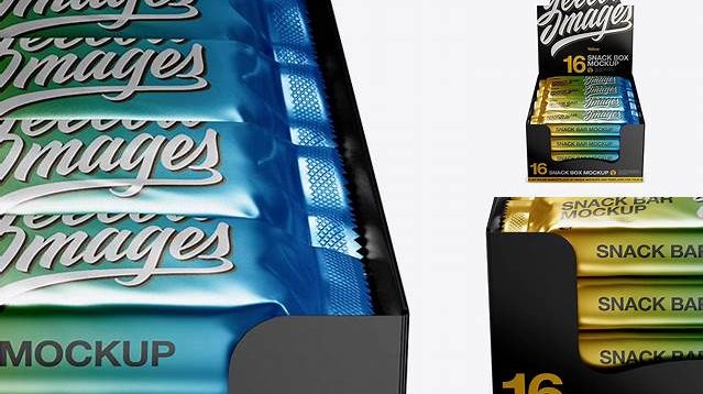 8809+ 16 Snack Bars Metallic Display Box PSD Mockup Front View Include TIFF