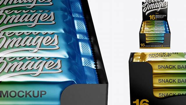 8809+ 16 Snack Bars Metallic Display Box PSD Mockup Front View Include TIFF