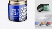 8832+ Blue Glass Cosmetic Jar PSD Mockup Front View High-Angle Shot Advanced and Editable PSD Template Free