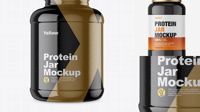 884+ 5lb Protein Jar in Glossy Shrink Sleeve PSD Mockup High-End Layered Mockup Free