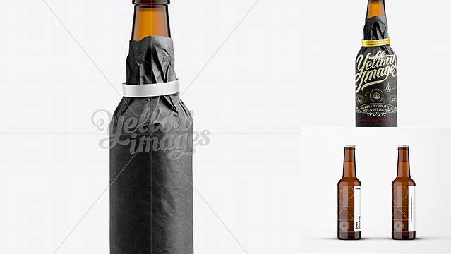 8845+ 33cl Long Neck Beer Bottle Wrapped in Black Paper with Ribbon PSD Mockup Versatile Mockup for Designers