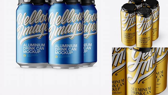 8855+ Pack with 4 Matte Metallic Aluminium Cans with Plastic Holder PSD Mockup Half Side View High-Quality PSD Files