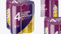 8864+ 4 Glossy Cans in Shrink Wrap PSD Mockup Half Side View Custom Mockup Graphic Design